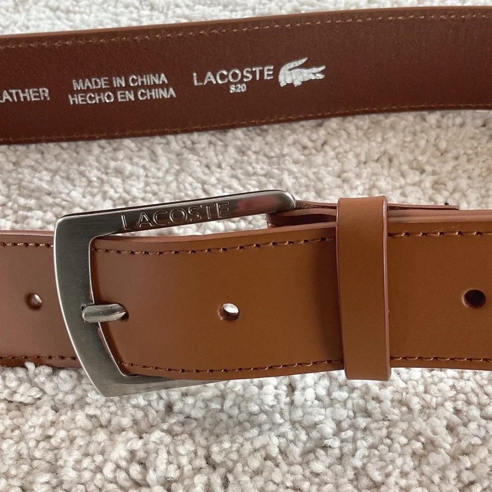 Lacoste Mens RC3011 Tan Brown Genuine Leather Belt Size 30 Crocodile Logo NEW‎